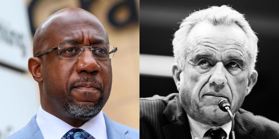 Split image of Senator Raphael Warnock and RFK Jr.