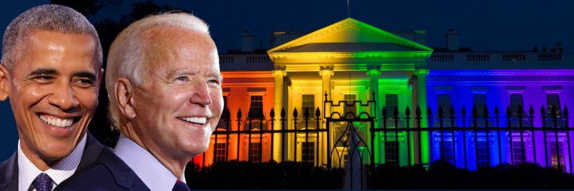 Barack Obama and Joe Biden smiling in front of the White House lit up in rainbow colors