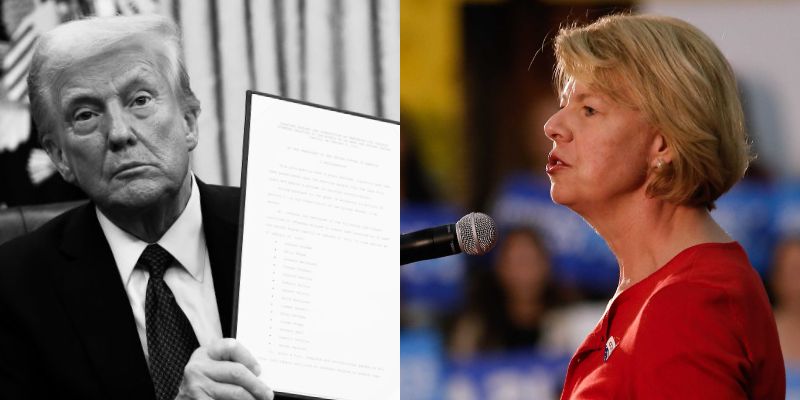 Split image of Senator Tammy Baldwin and Donald Trump holding an executive order