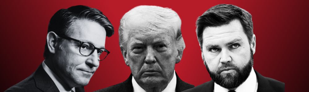 Black and white photo of Donald Trump, JD Vance, and Mike Johnson