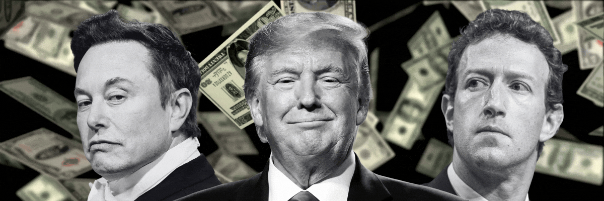 Trump, Elon Musk, and Jeff Bezos with money falling