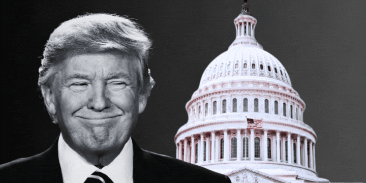 Smiling Trump in front of a red background and the U.S. Capitol building