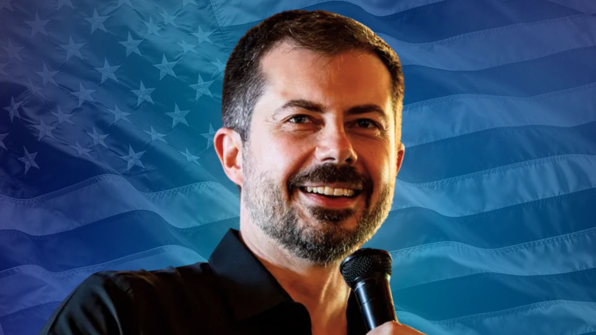 Pete Buttigieg on a U.S. flag background