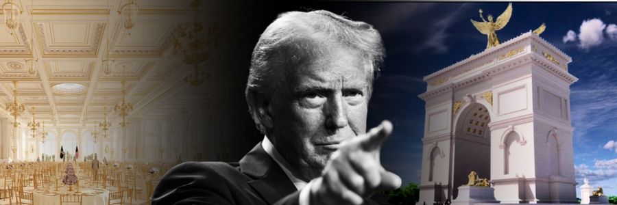 Trump with arch and ballroom