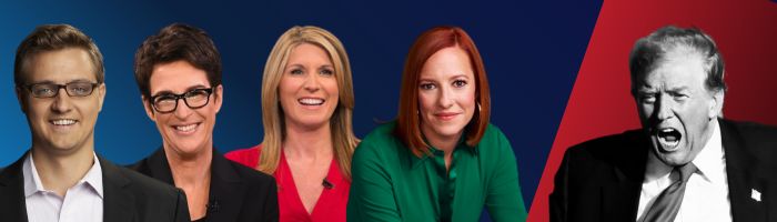 Split image of MS NOW hosts Jen Psaki, Rachel Maddow, and Nicolle Wallace versus Donald Trump