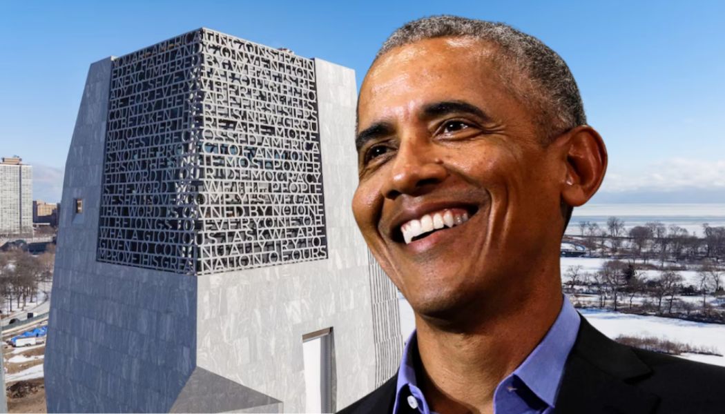 Barack Obama with the Obama Presidential Center in the background