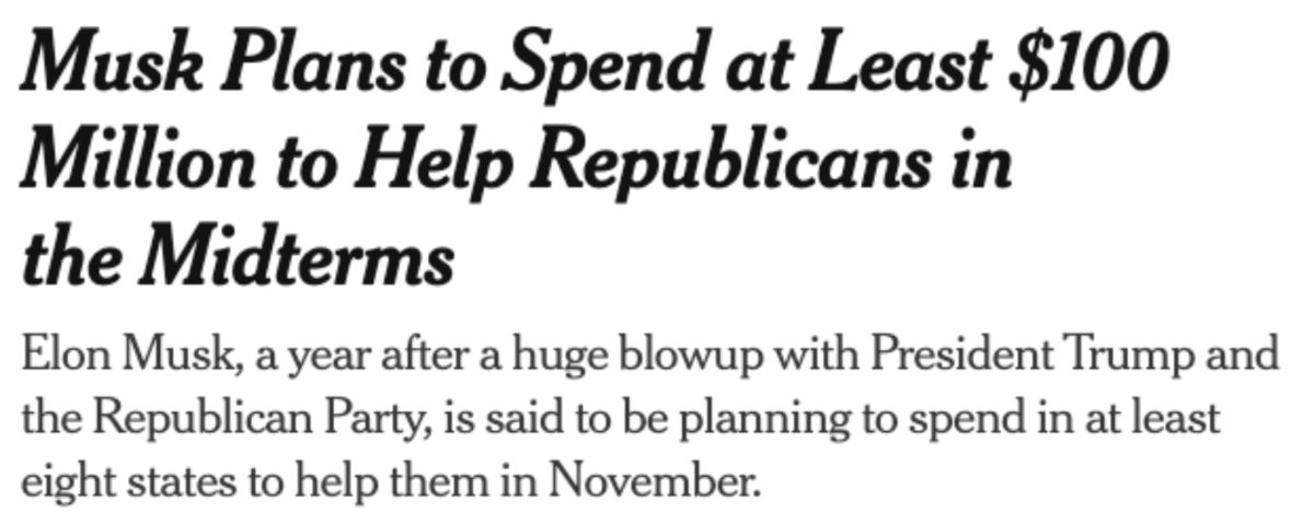 NYT: Musk plans to spend at least $100 Million to help Republicans in the midterms