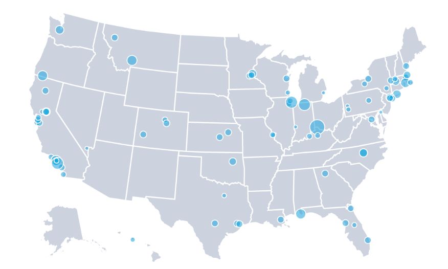 Map of the United States showing donations pouring in from Democrats nationwide