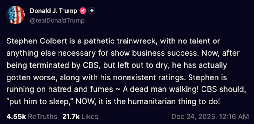 Trump on Truth Social: CBS should, put him to sleep, NOW, it is the humanitarian thing to do!