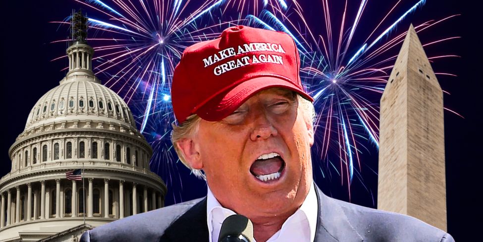 MAGA hat Trump cutout in front of the National Mall and fireworks