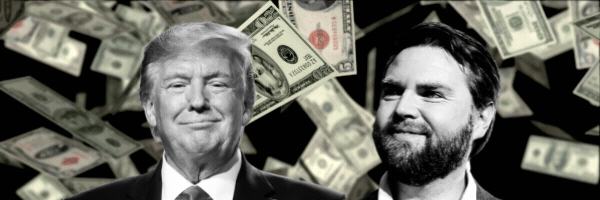 Donald Trump and JD Vance with money background