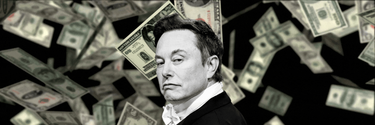 Elon Musk laughing with a money background