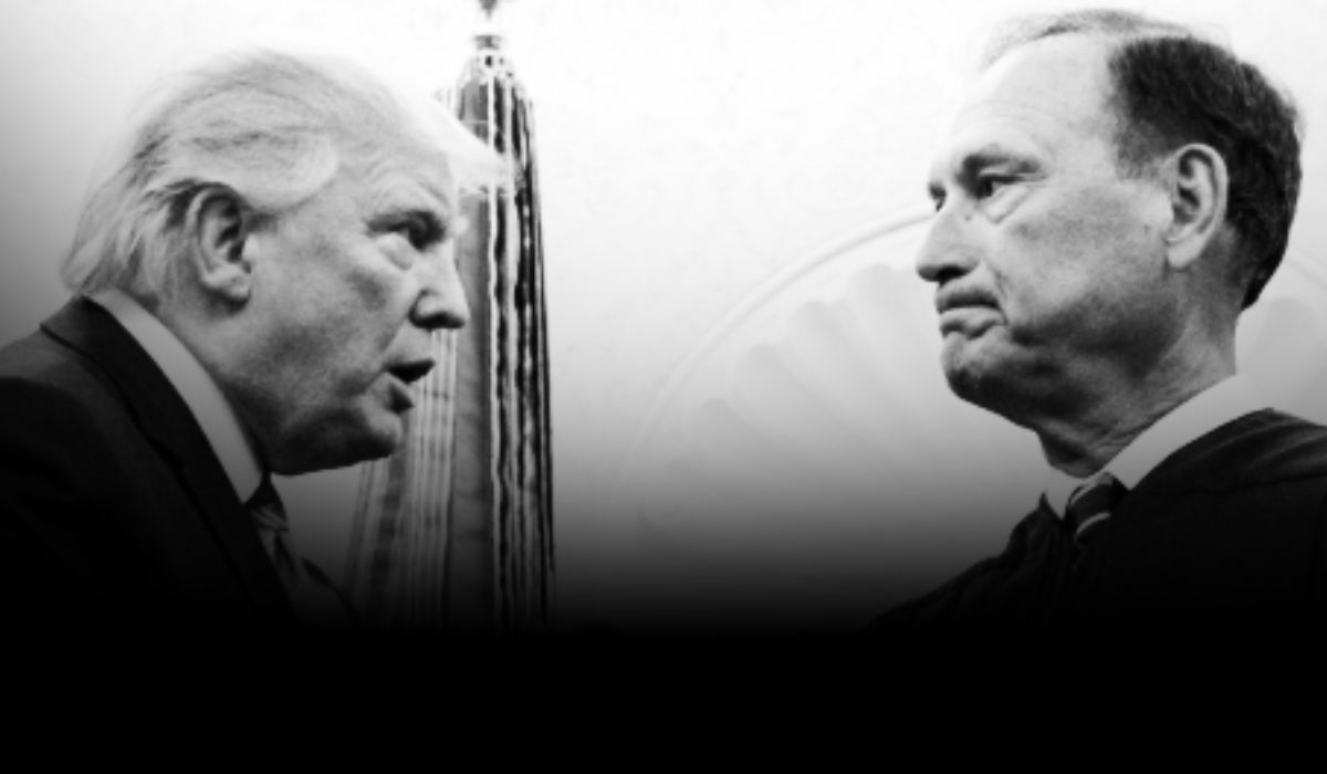 Black-and-white photo of Donald Trump and Justice Samuel Alito facing each other