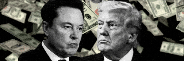 Sad Elon Musk and sad Donald Trump surrounded by money