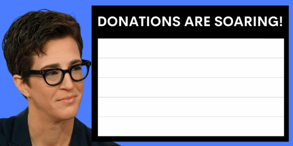 Smiling Rachel Maddow graphic with donations to defend grassroots Democratic power rising