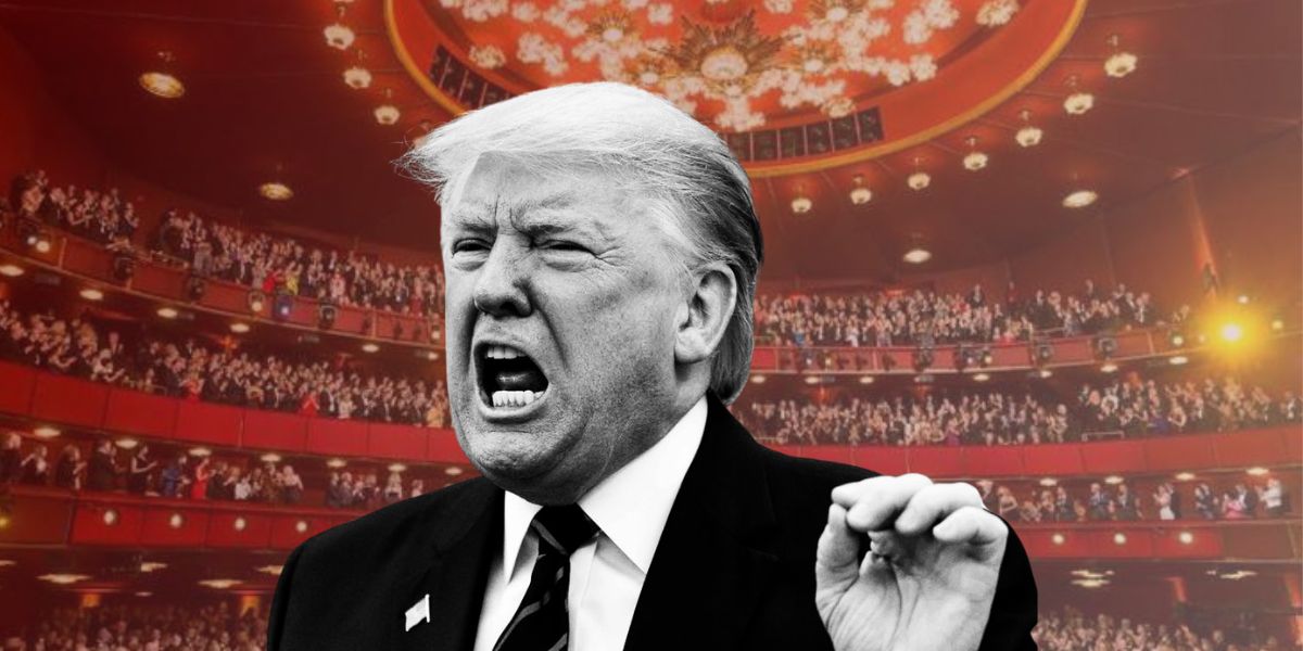 Screaming Trump cutout on Kennedy Center background