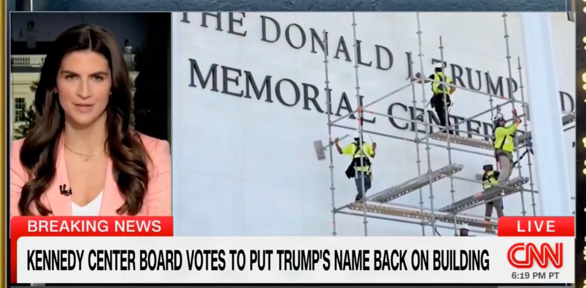 CNN breaking news screenshot: Kaitlan Collins reporting as Kennedy Center board votes to put Trump's name back on the building