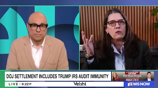 Mary Trump appearing on the Velshi show on MS NOW discussing Trump IRS audit immunity