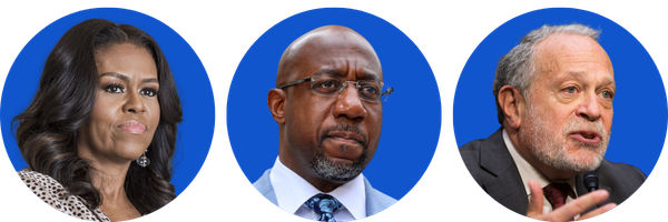 Circle cutout photos of Michelle Obama, Raphael Warnock, and Robert Reich