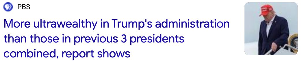 PBS News screenshot with headline: More ultrawealthy in Trump's administration than those in previous 3 presidents combined, report shows