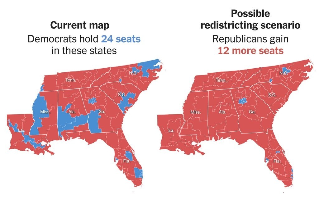 Map showing Democratic seats potentially lost to Republican gerrymandering