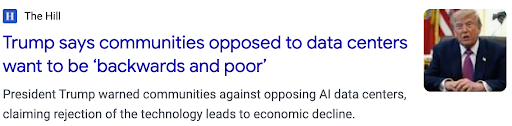 Screenshot of The Hill headline: Trump says communities opposed to data centers want to be backwards and poor