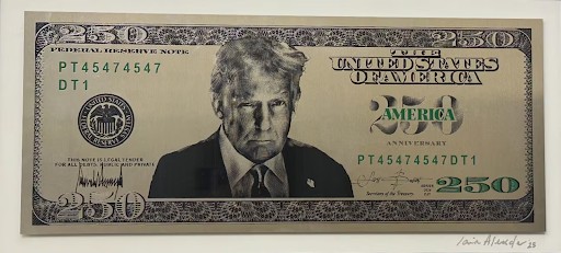 Mockup of a $250 bill featuring Donald Trump's portrait